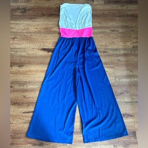 VINTAGE Jumpsuit, High Waist Wide Leg 70s Blue Pink White